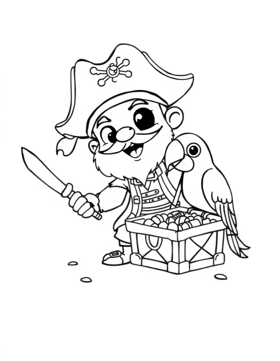 Cute cartoon pirate sharing treasure with a parrot coloring book page