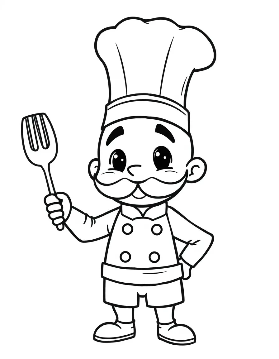 Cute cartoon chef wearing a tall hat coloring book page