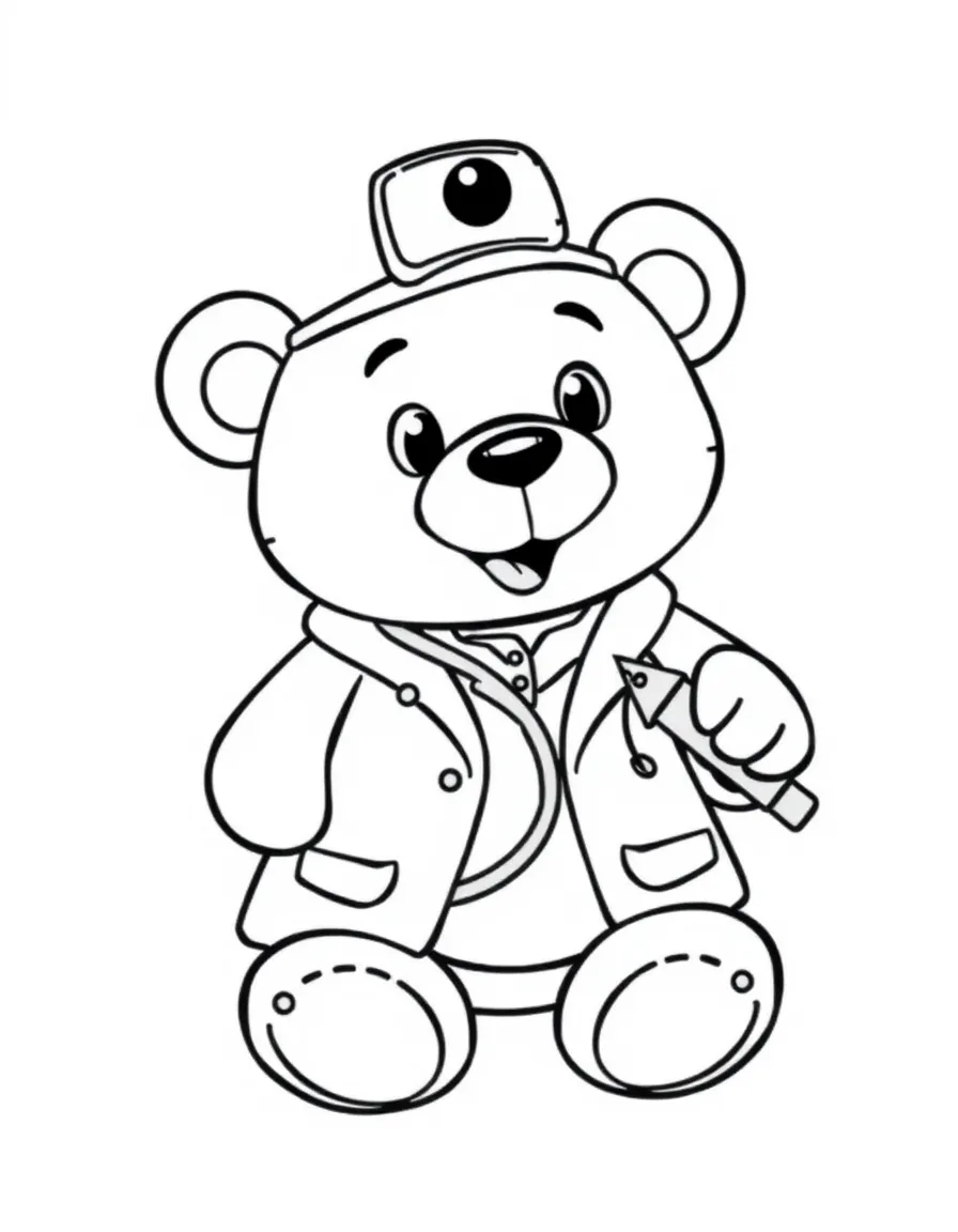 Cute cartoon doctor giving a teddy bear a check-up coloring book page