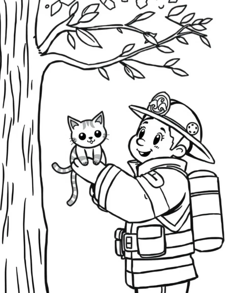Cute cartoon firefighter rescuing a cat from a tree coloring book page