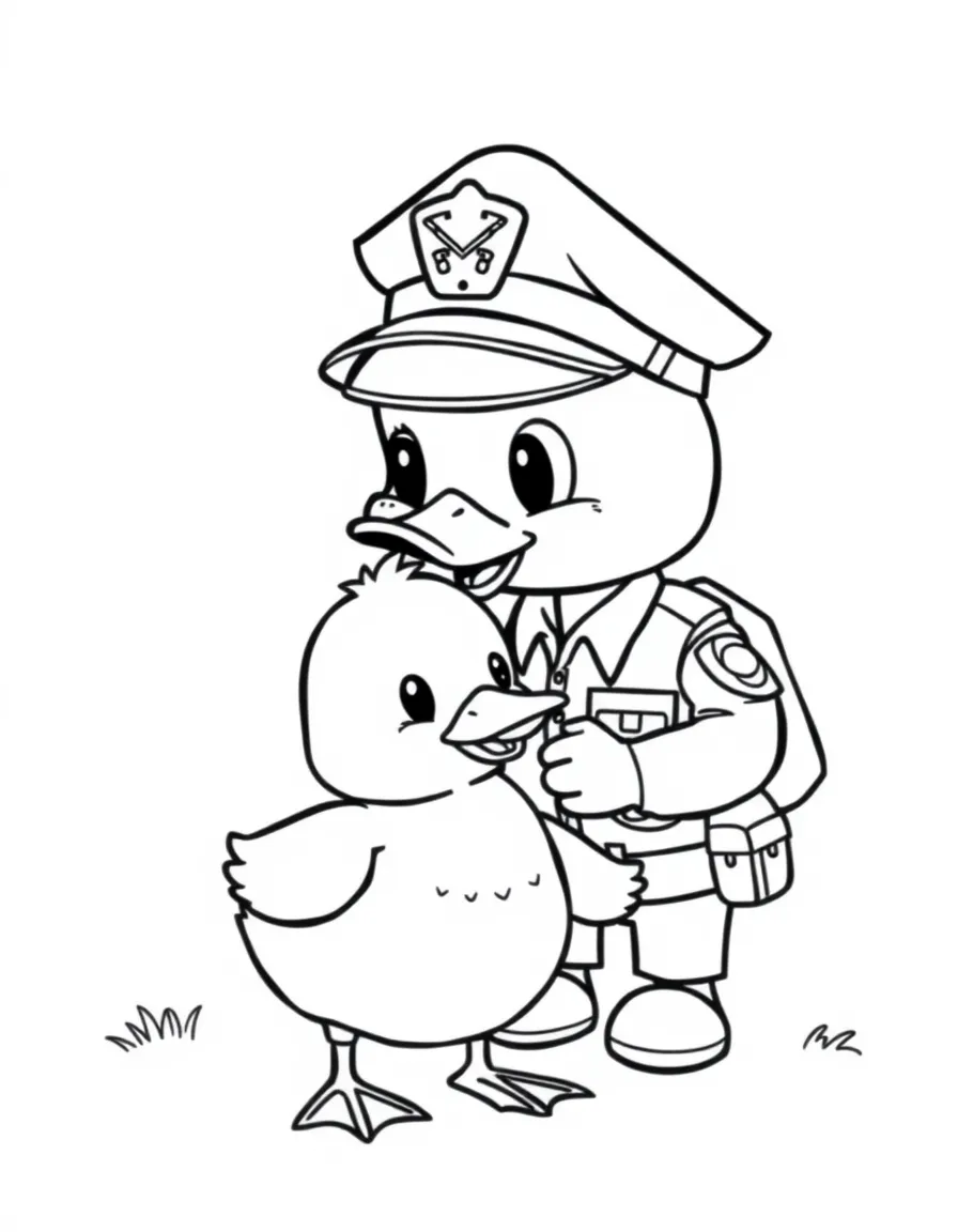 Cute cartoon police officer helping a lost duckling coloring book page
