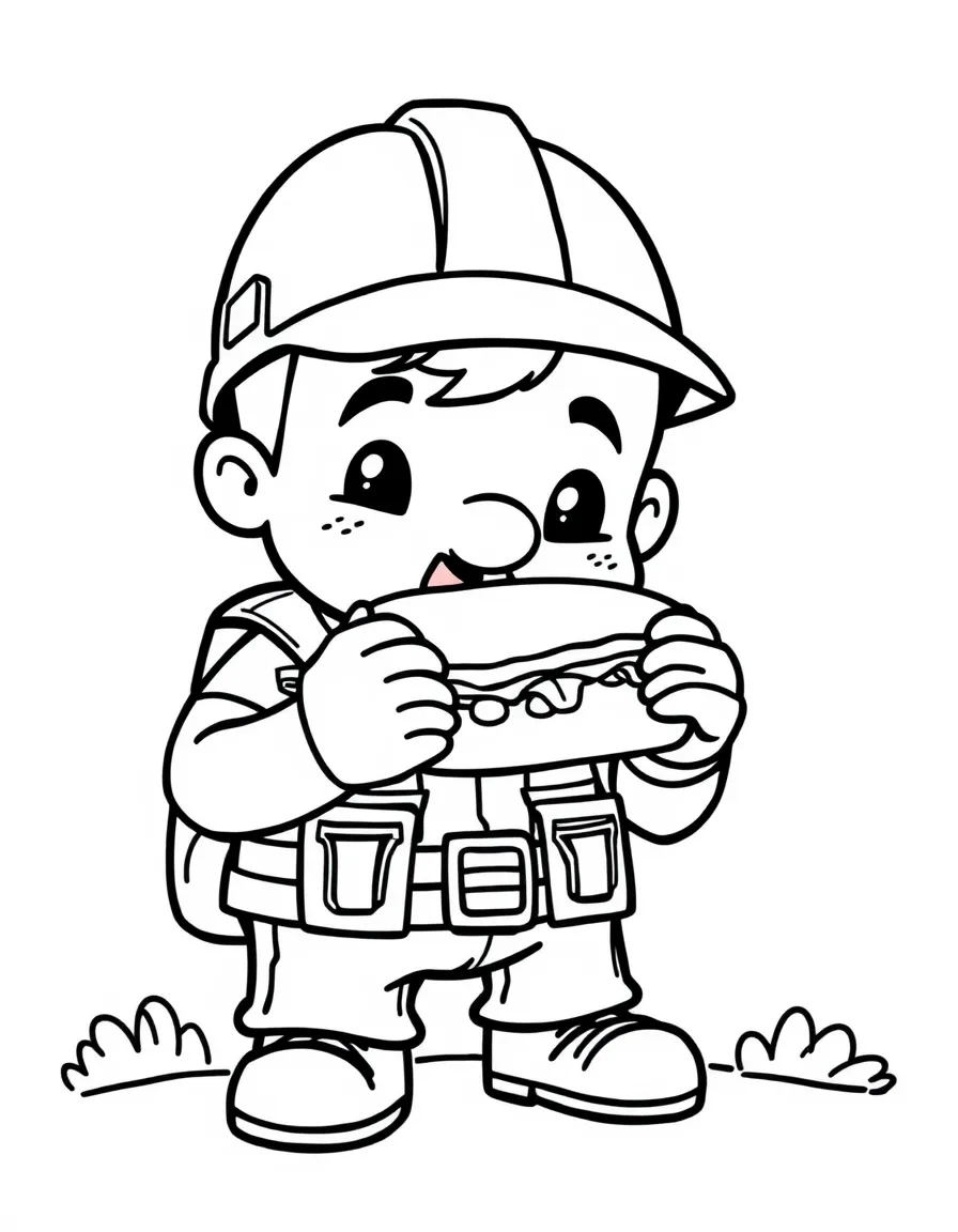 Cute cartoon construction worker eating a sandwich coloring book page