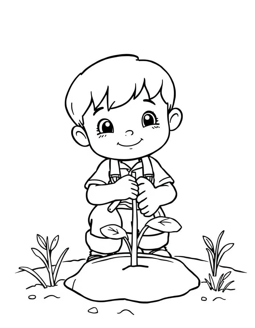 Cute cartoon gardener planting a giant seed coloring book page