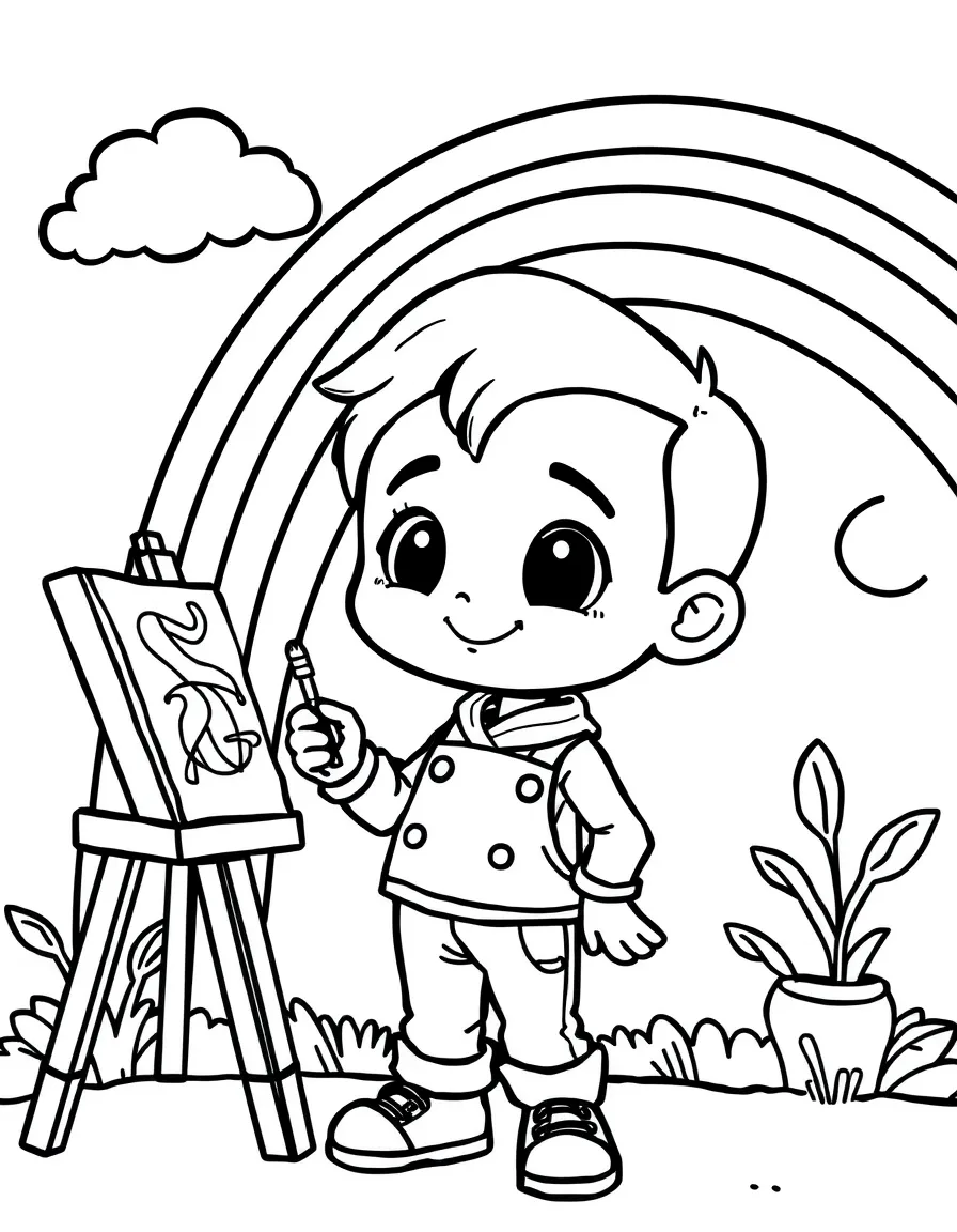 Cute cartoon artist painting a rainbow coloring book page