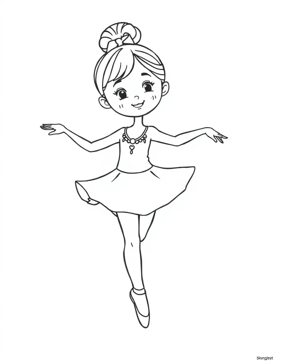 Cute cartoon dancer doing a pirouette coloring book page