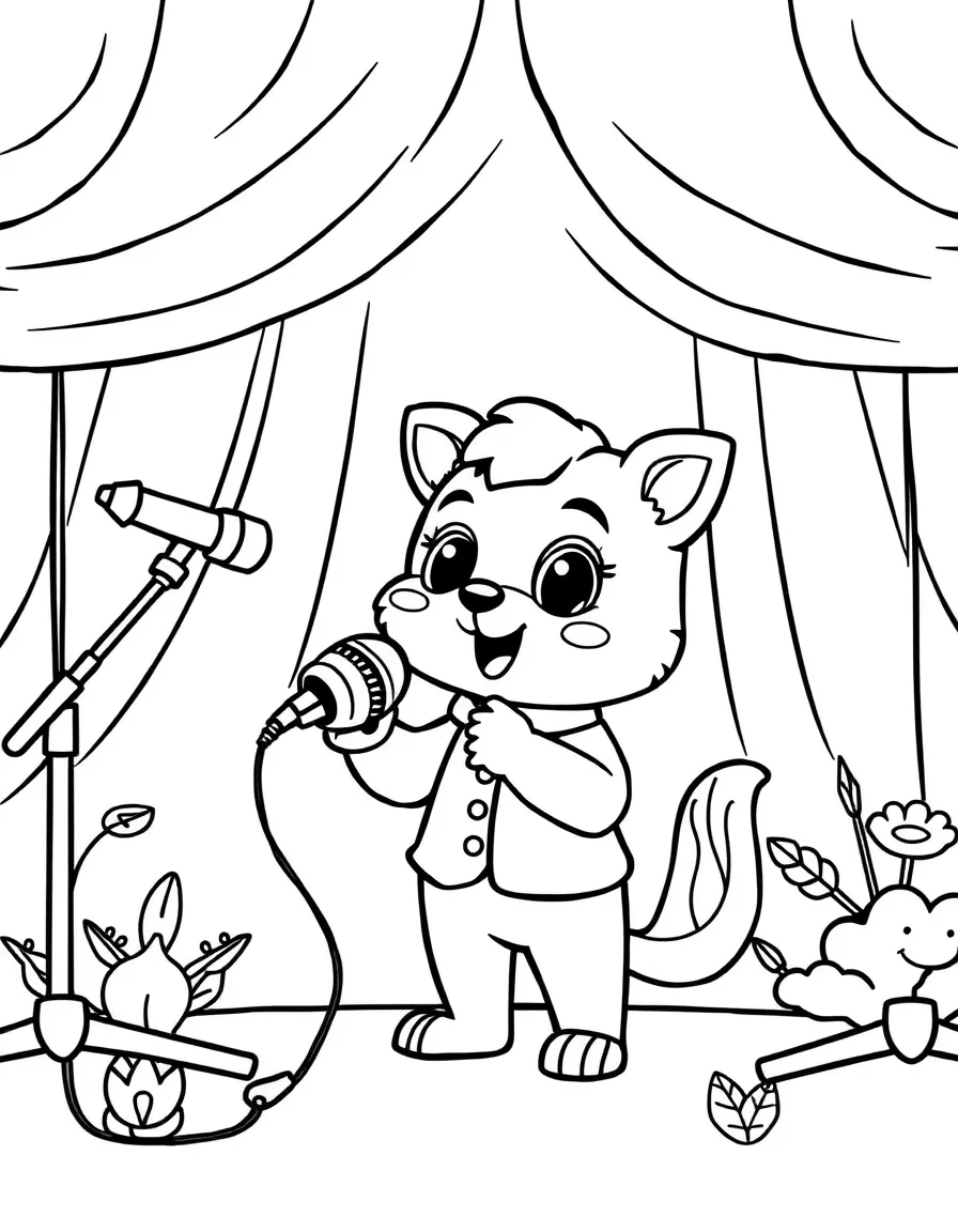 Cute cartoon singer performing for animals coloring book page