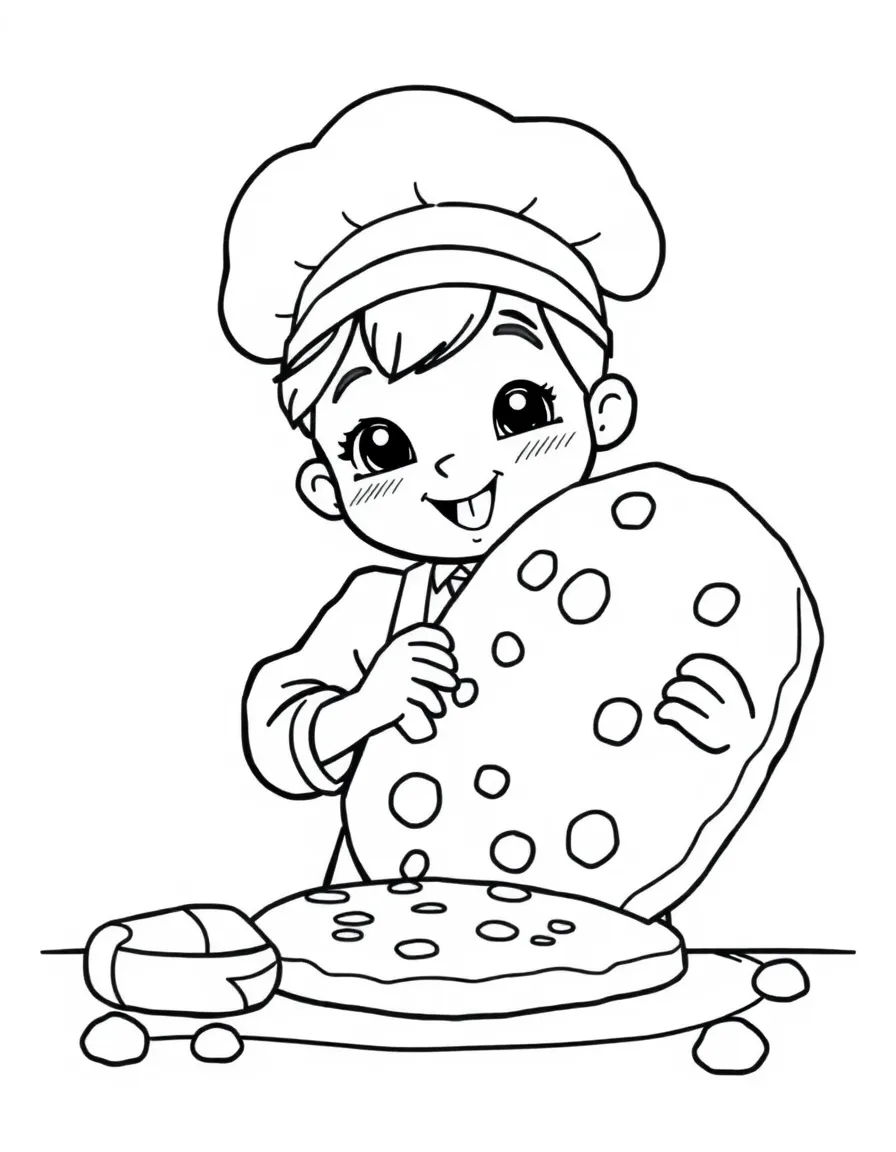 Cute cartoon baker making a giant cookie coloring book page