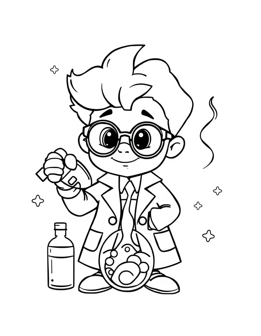 Cute cartoon scientist discovering a new element coloring book page