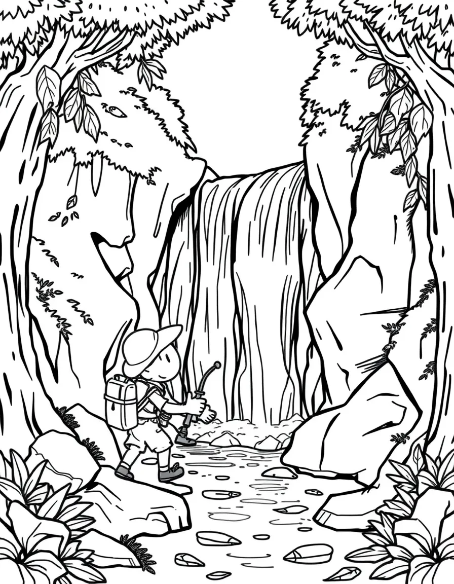 Cute cartoon explorer finding a secret waterfall coloring book page