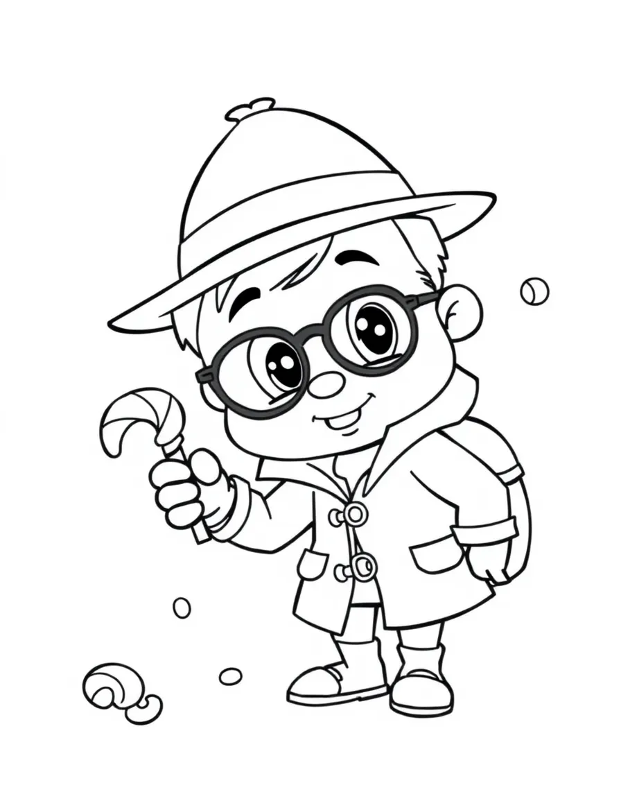 Cute cartoon detective solving a candy mystery coloring book page