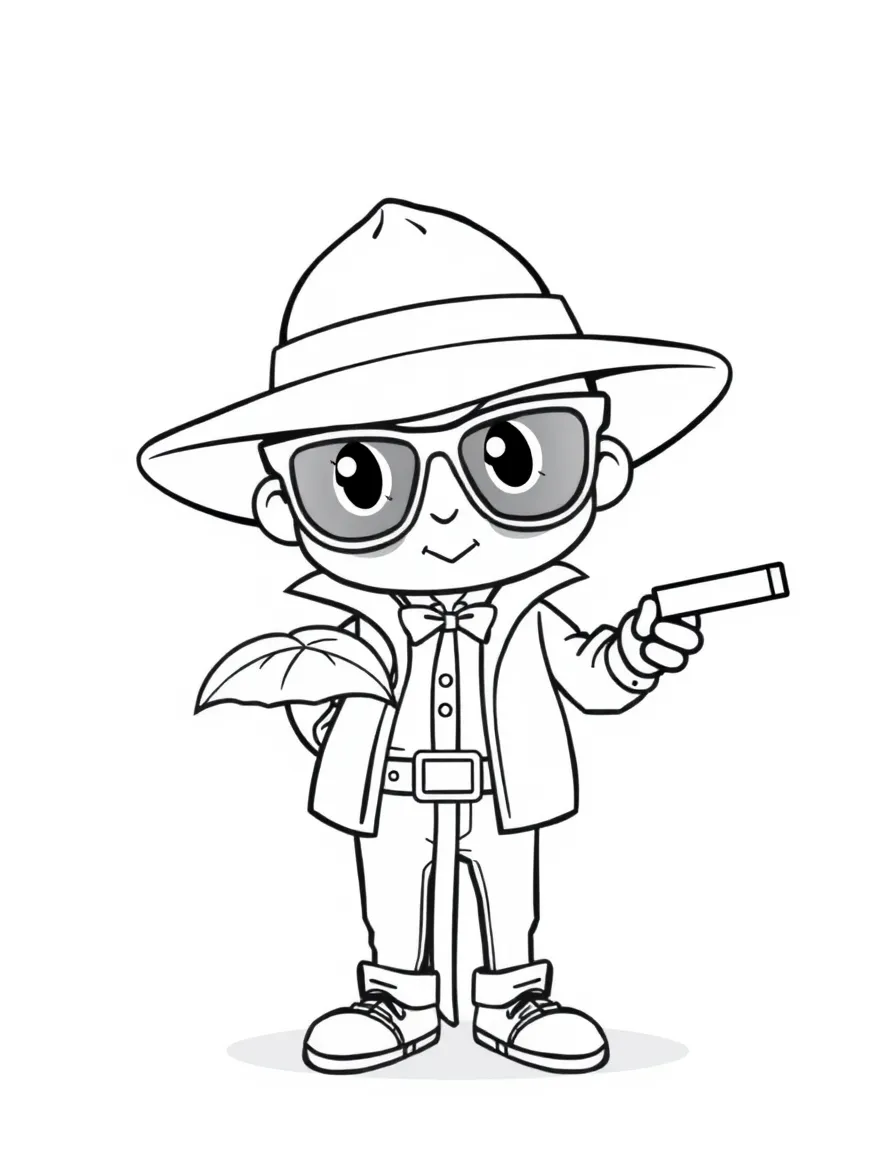 Cute cartoon secret agent disguised as a plant coloring book page