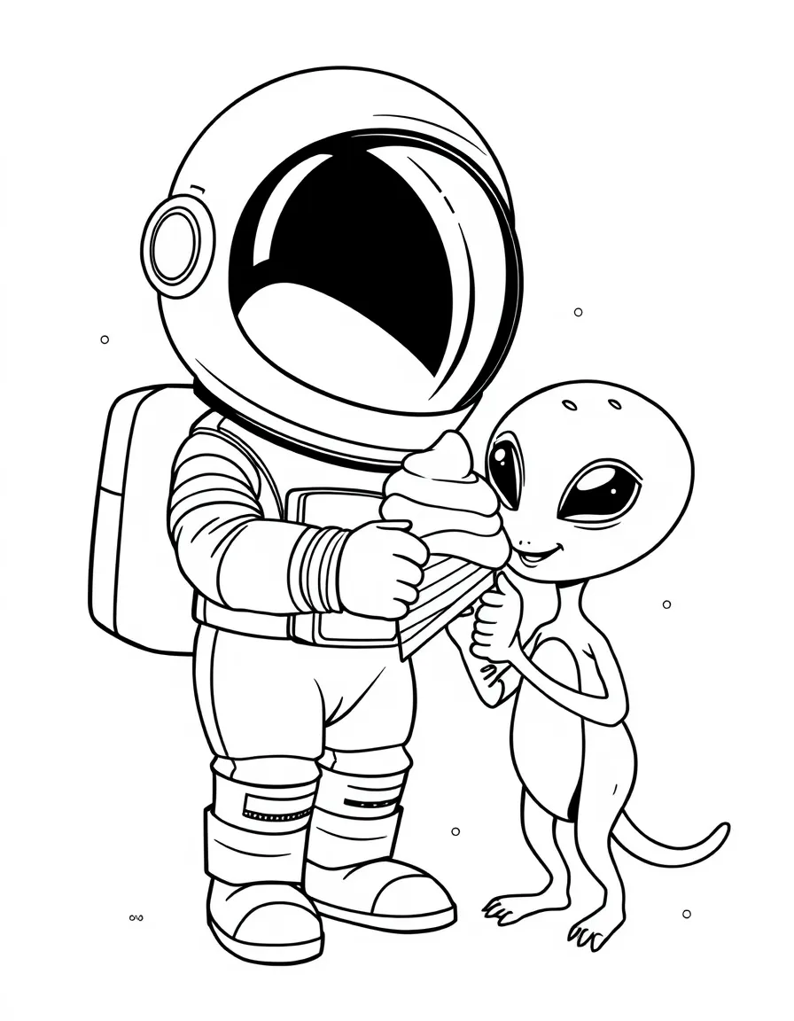 Cute cartoon astronaut sharing ice cream with an alien coloring book page