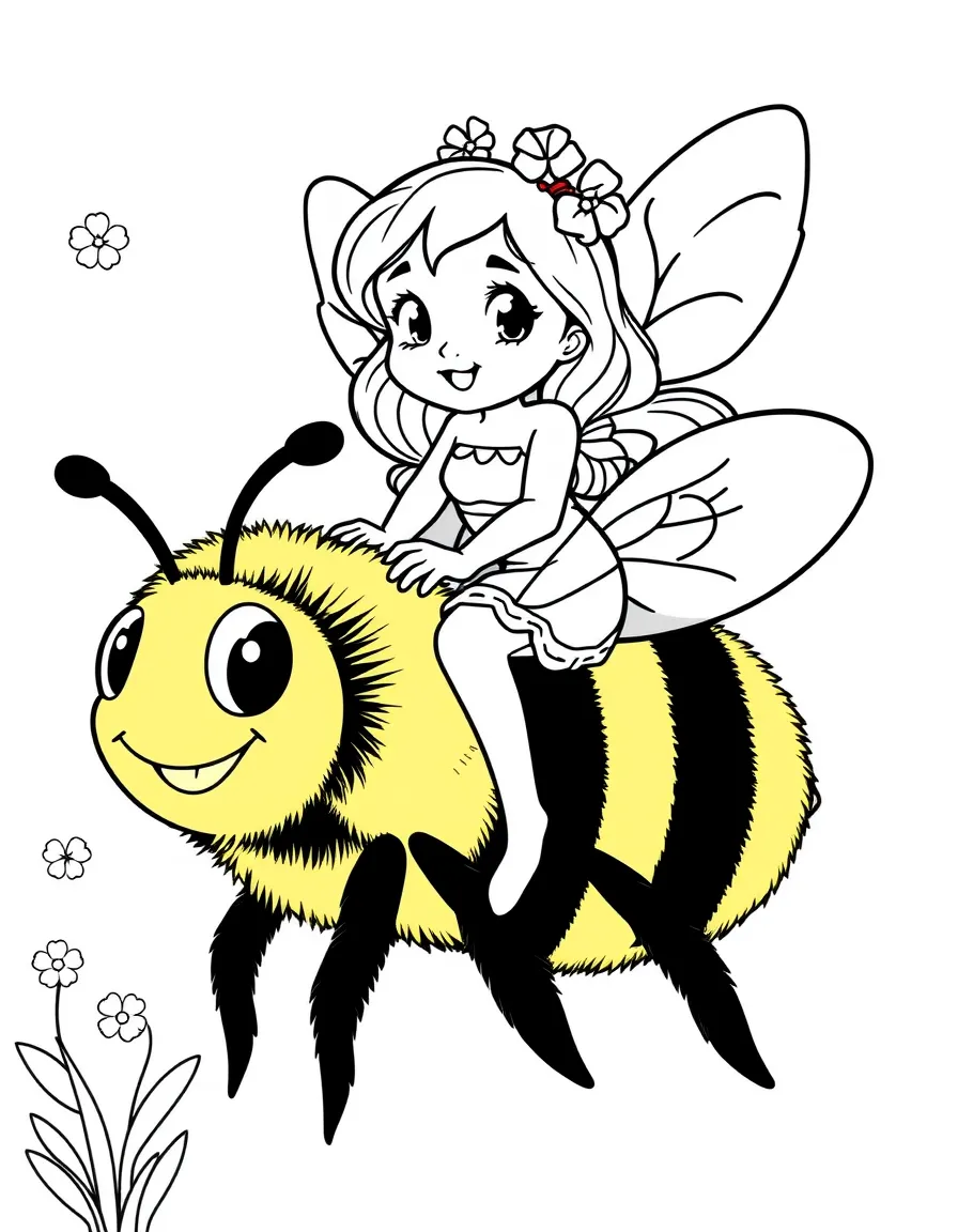 Cute cartoon fairy riding a bumblebee coloring book page