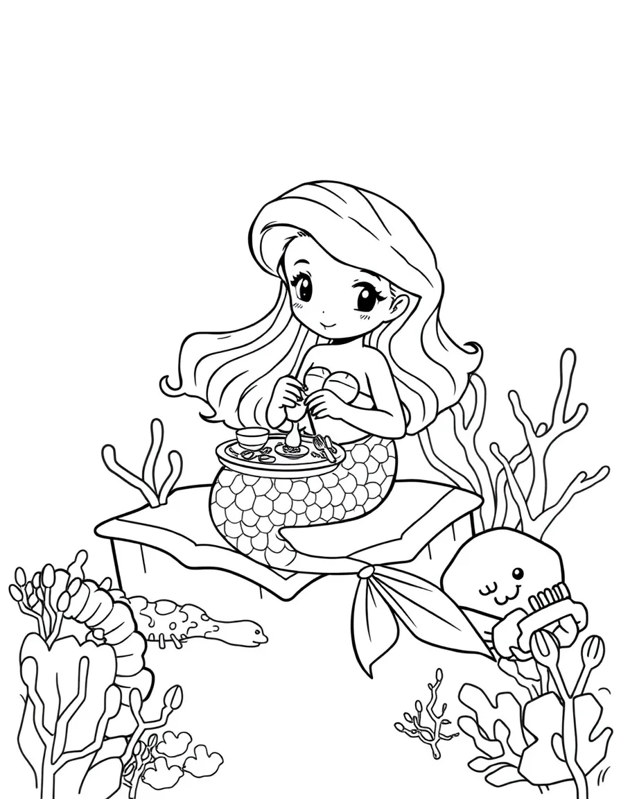 Cute cartoon mermaid having a picnic on a coral reef coloring book page