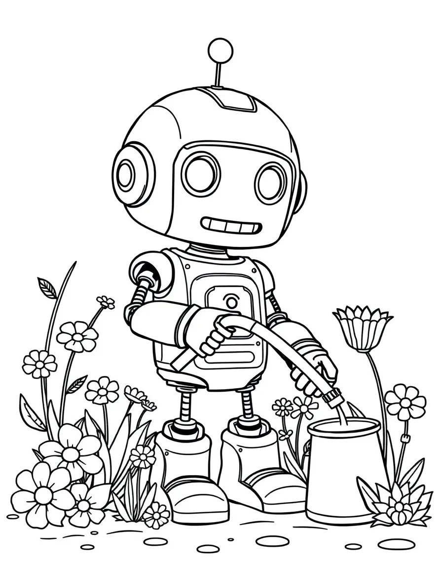 Cute cartoon robot watering flowers coloring book page