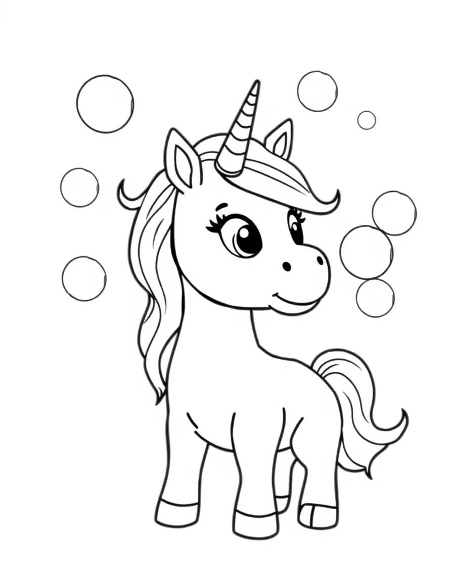 Cute cartoon unicorn blowing bubbles coloring book page