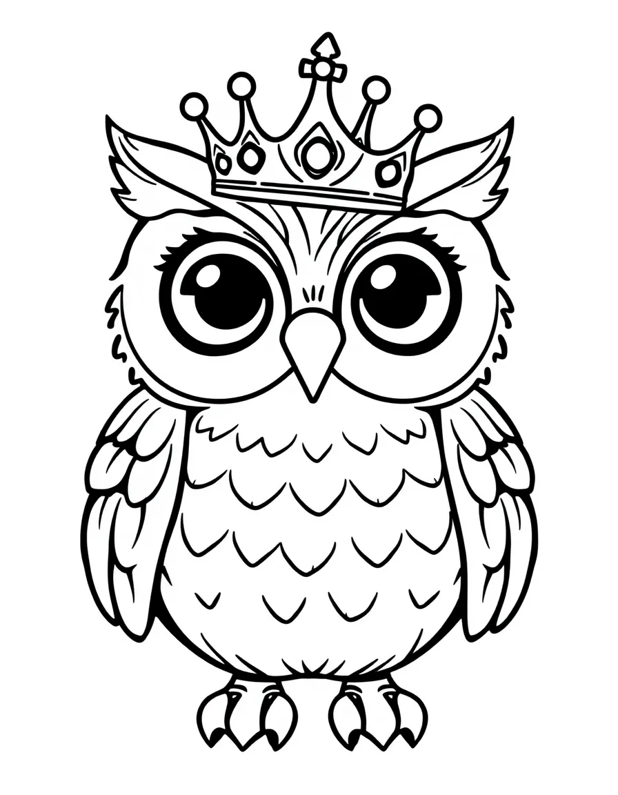 Cute cartoon owl wearing a tiny crown coloring book page