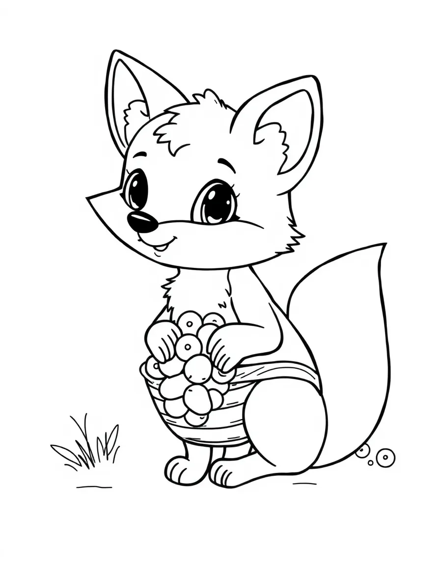Cute cartoon fox with a basket of berries coloring book page