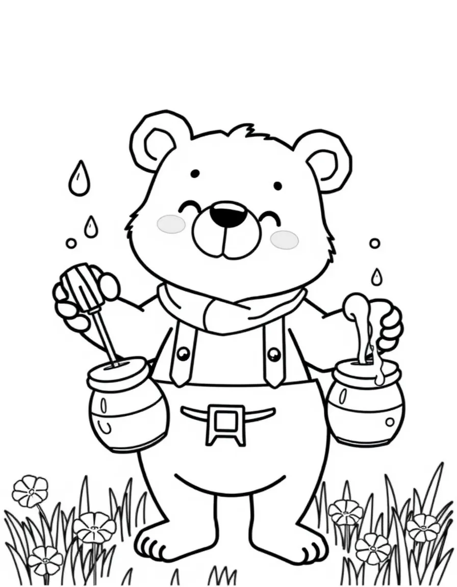 Cute cartoon bear juggling honey pots coloring book page