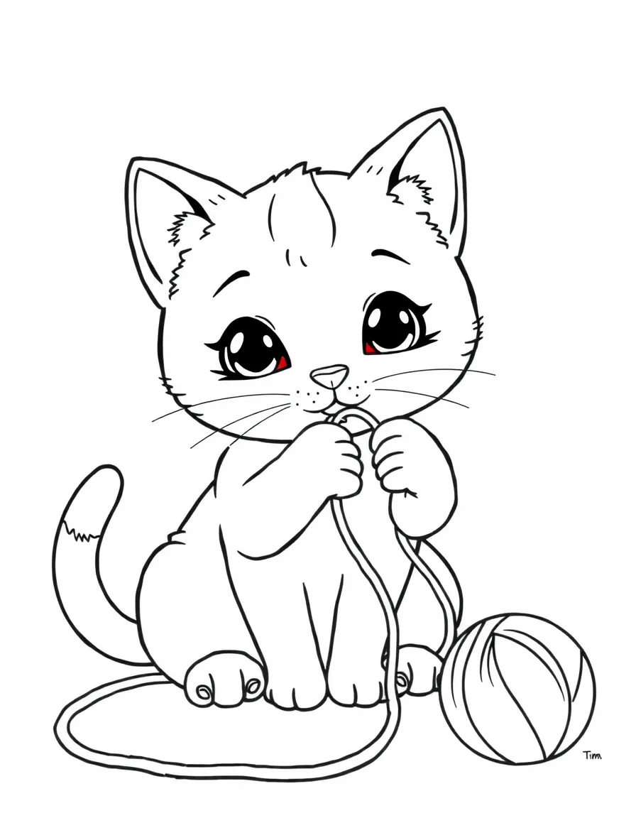 Cute cartoon cat playing with yarn coloring book page