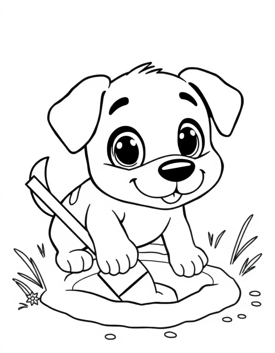 Cute cartoon dog digging a hole coloring book page