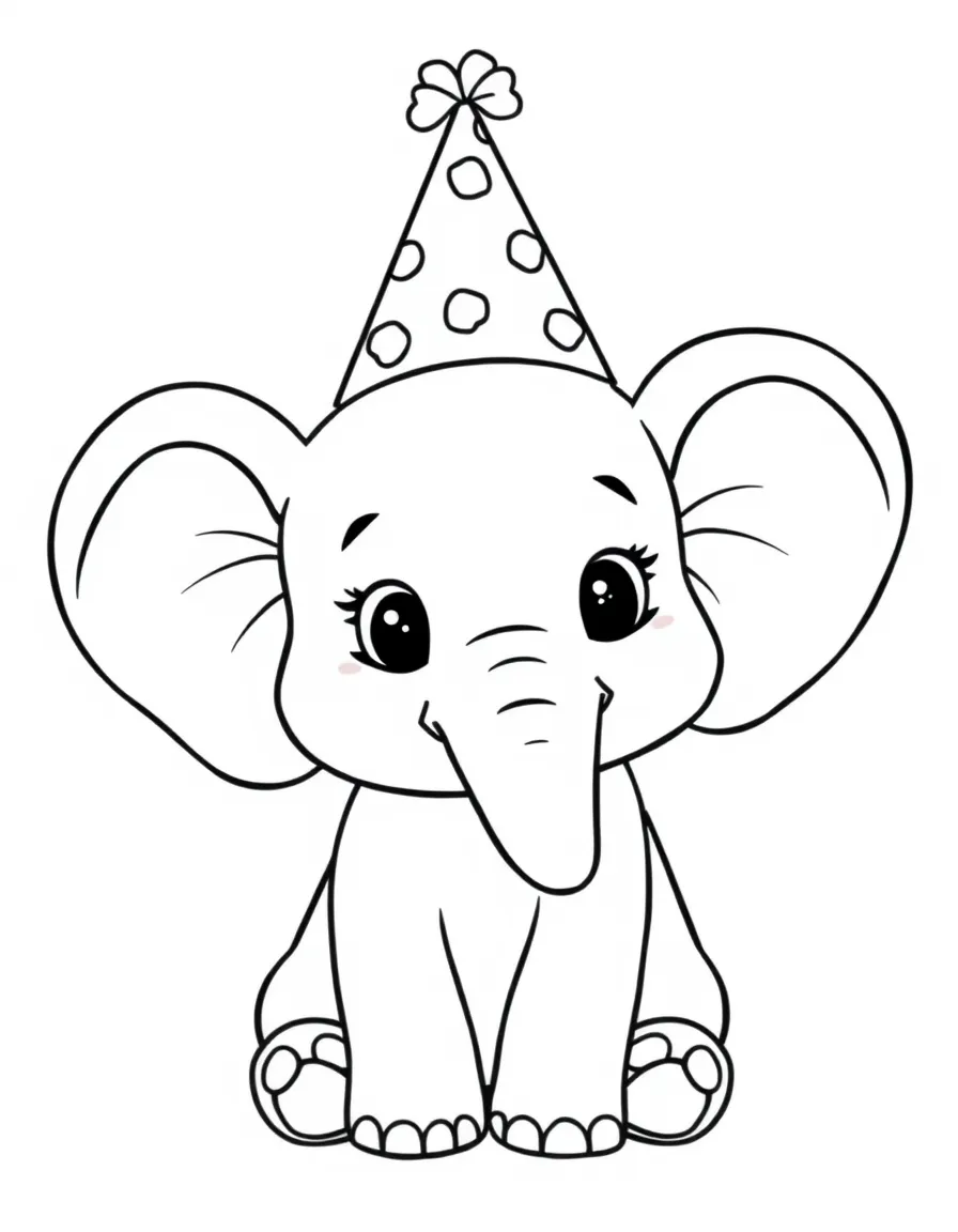 Cute cartoon elephant wearing a party hat coloring book page