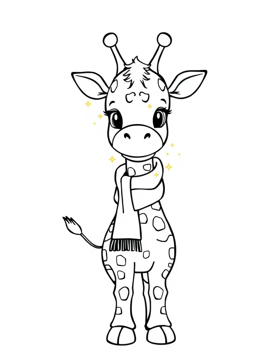 Cute cartoon giraffe with a long scarf coloring book page