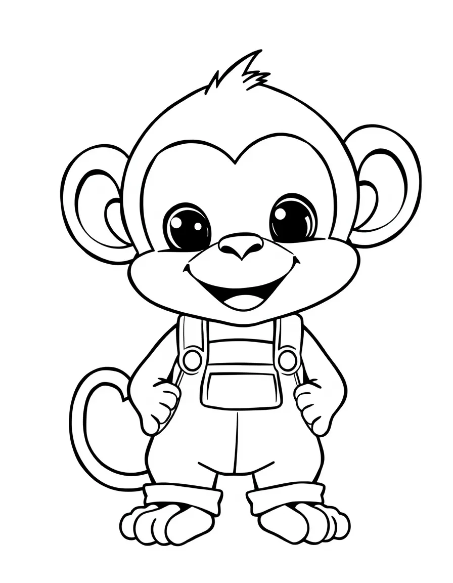 Cute cartoon monkey wearing overalls coloring book page