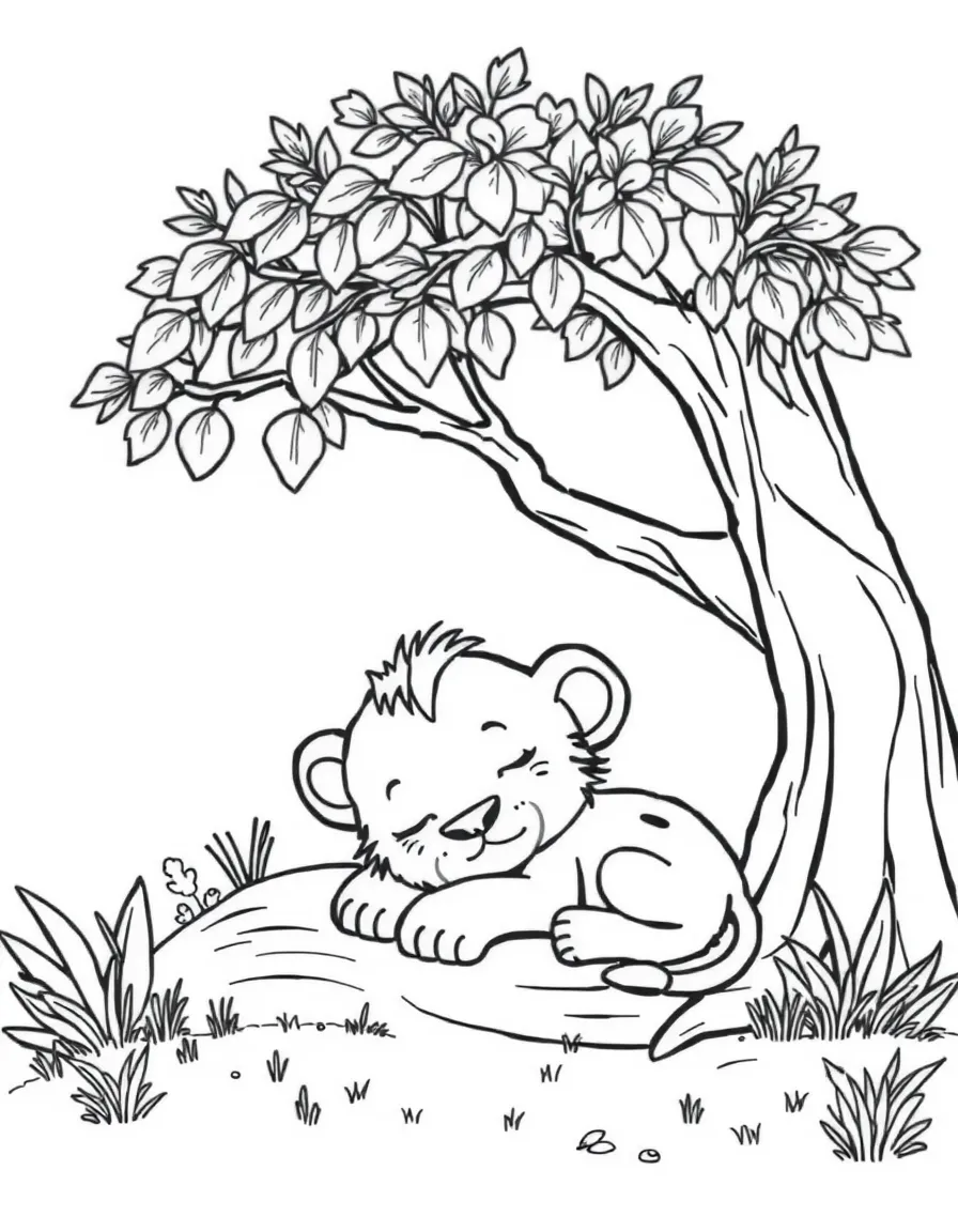 Cute cartoon lion cub napping under a tree coloring book page