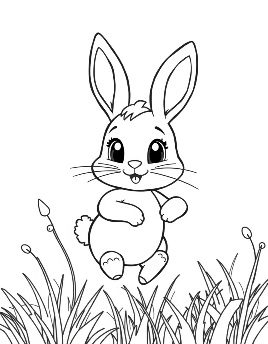 Cute cartoon bunny hopping through a field coloring book page