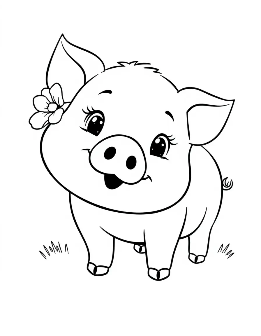Cute cartoon pig wearing a flower behind its ear coloring book page