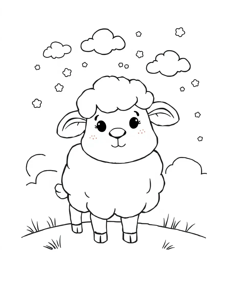 Cute cartoon sheep having a dream about clouds coloring book page