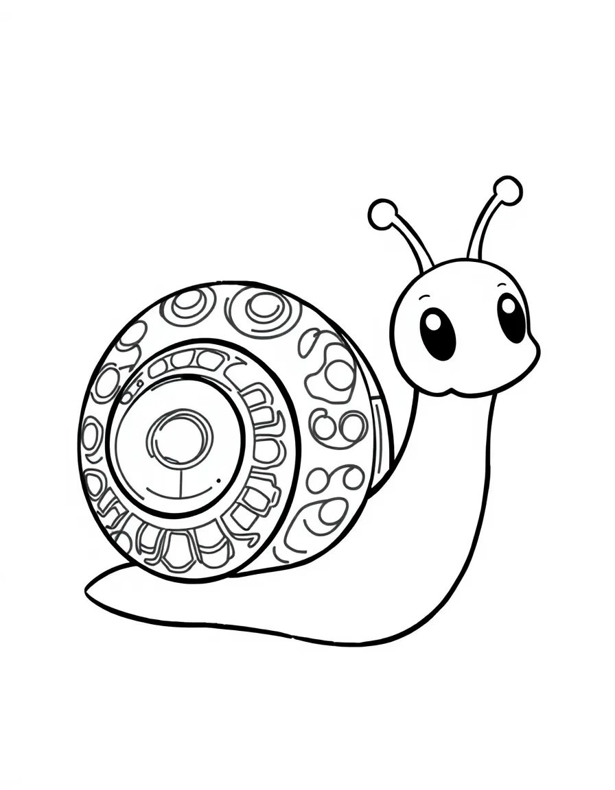 Cute cartoon snail with a patterned shell coloring book page