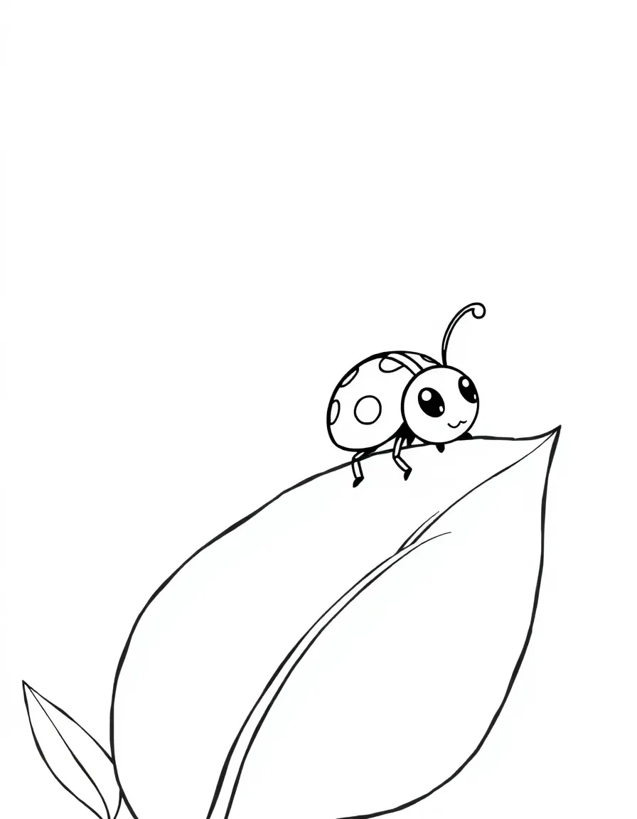Cute cartoon ladybug exploring a leaf coloring book page