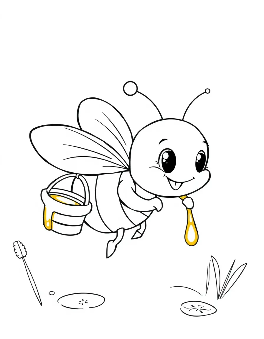 Cute cartoon bee carrying a tiny bucket of honey coloring book page
