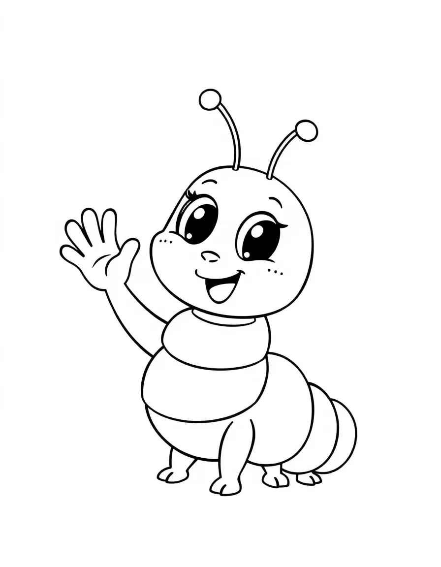 Cute cartoon caterpillar waving hello coloring book page