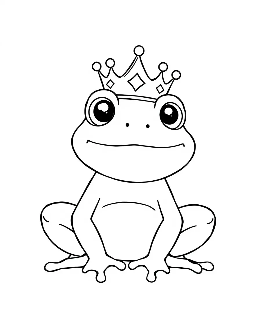 Cute cartoon frog wearing a tiny crown coloring book page