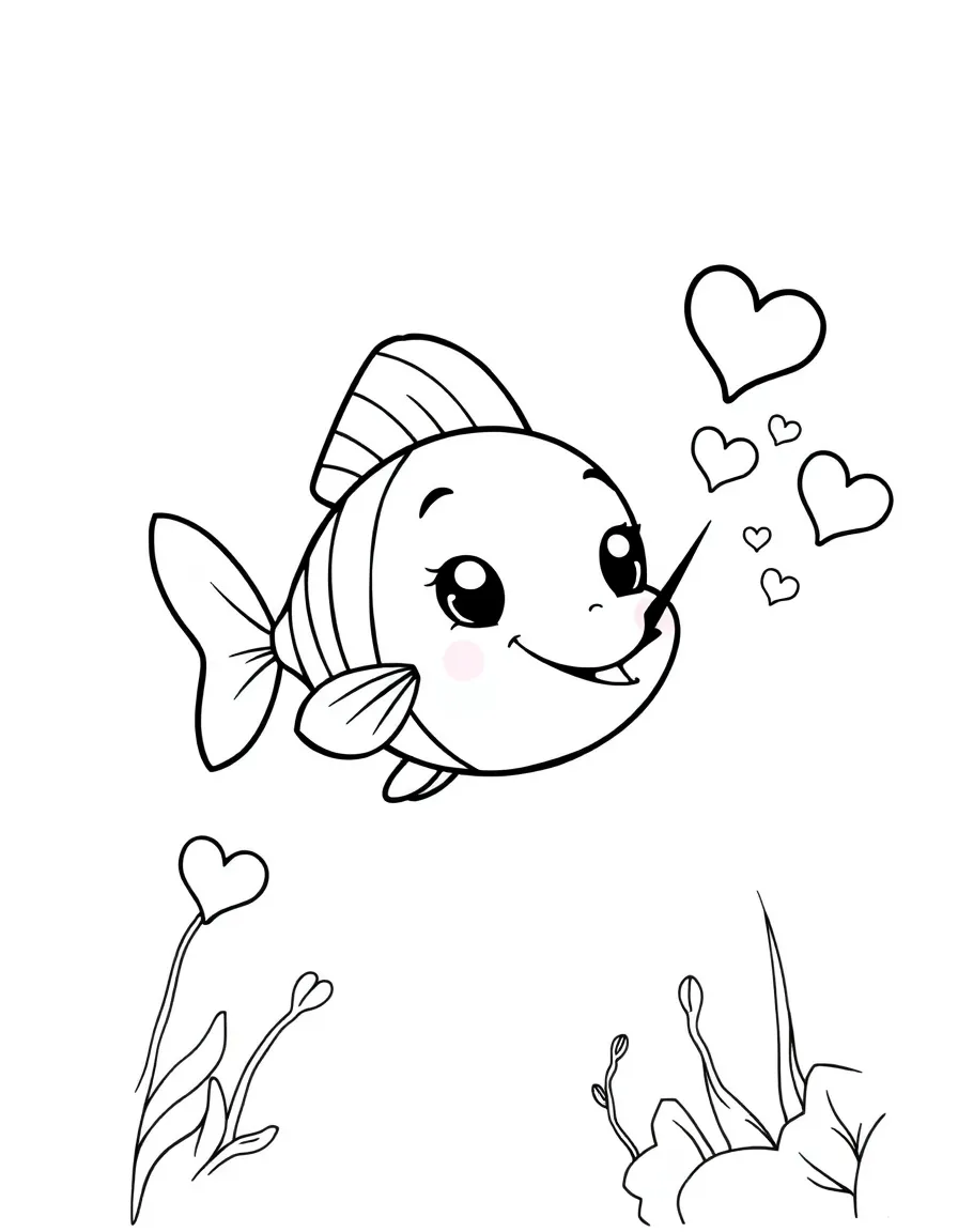 Cute cartoon fish blowing heart bubbles coloring book page