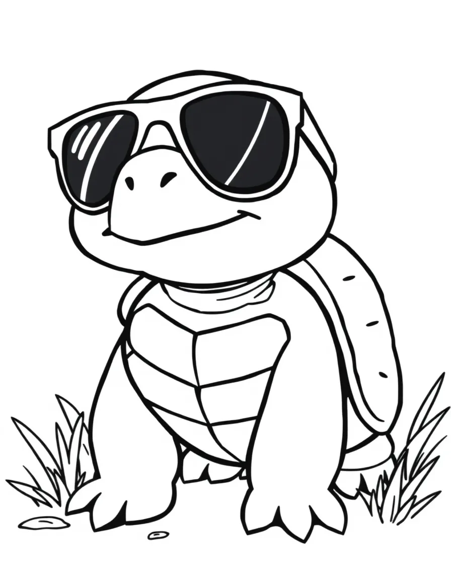 Cute cartoon turtle wearing sunglasses coloring book page
