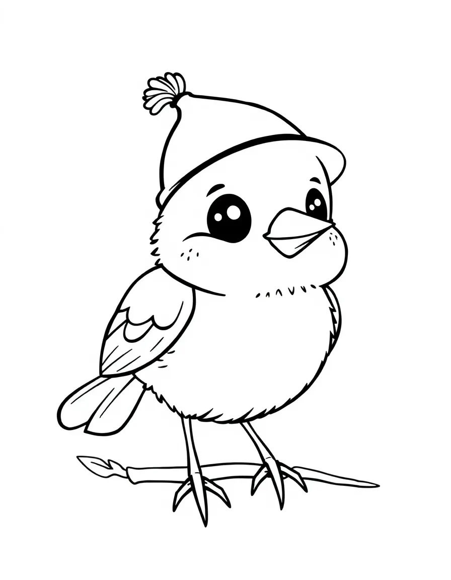 Cute cartoon bird wearing a tiny hat coloring book page
