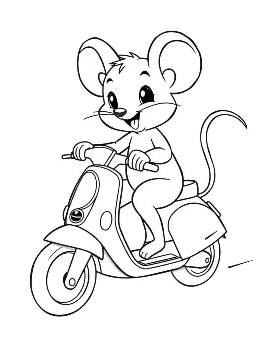 Cute cartoon mouse riding a scooter coloring book page