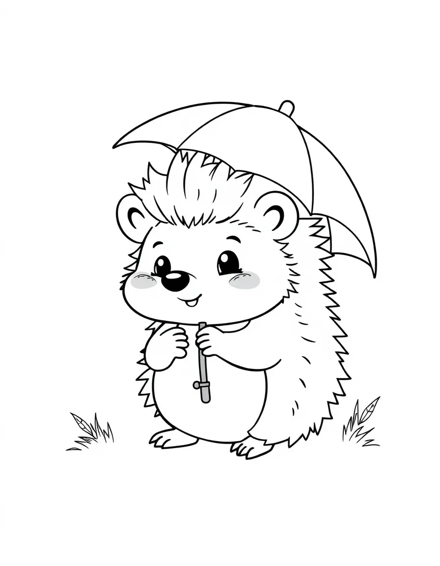 Cute cartoon hedgehog holding a tiny umbrella coloring book page
