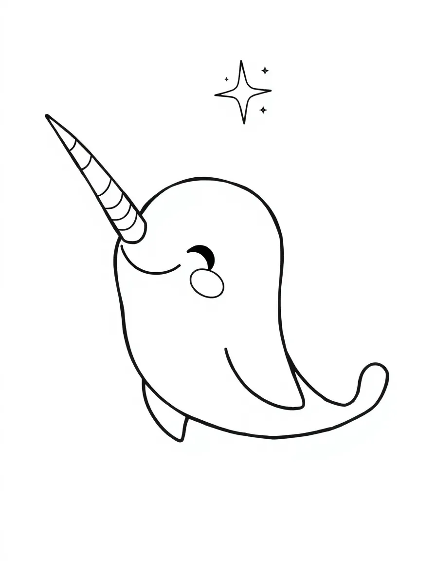 Cute cartoon narwhal with a sparkly horn coloring book page