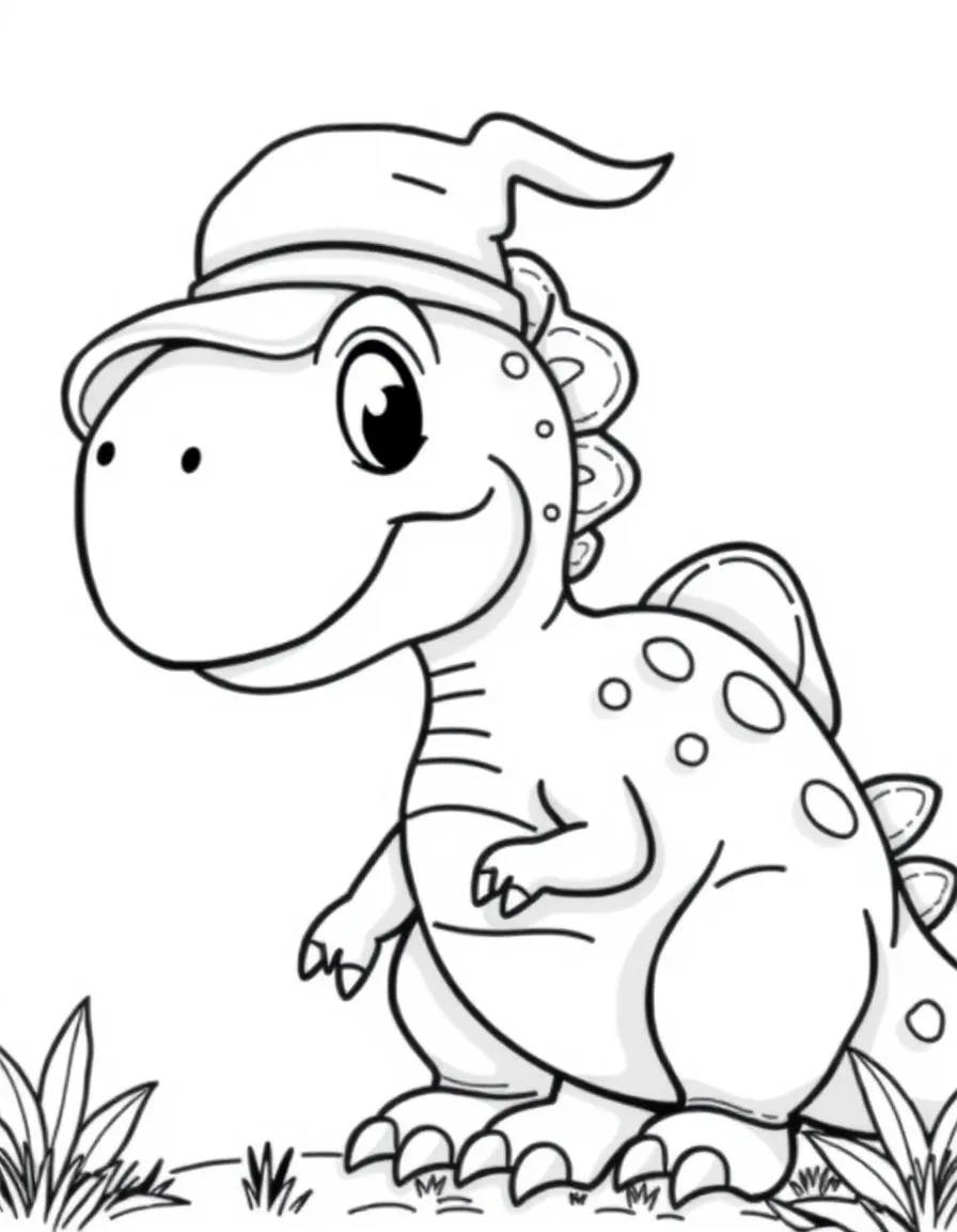 Cute cartoon dinosaur trying on a hat coloring book page