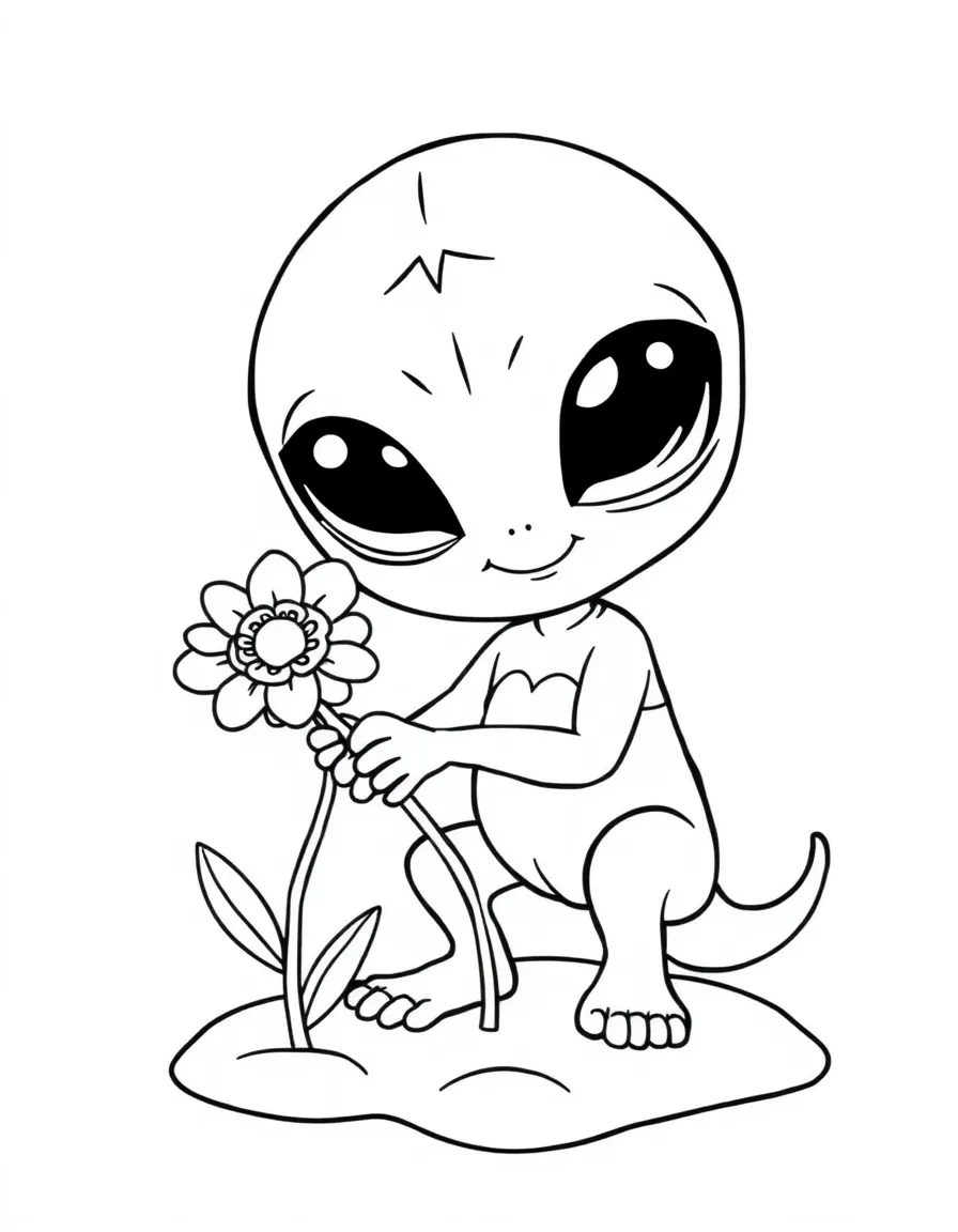 Cute cartoon alien planting a flower coloring book page
