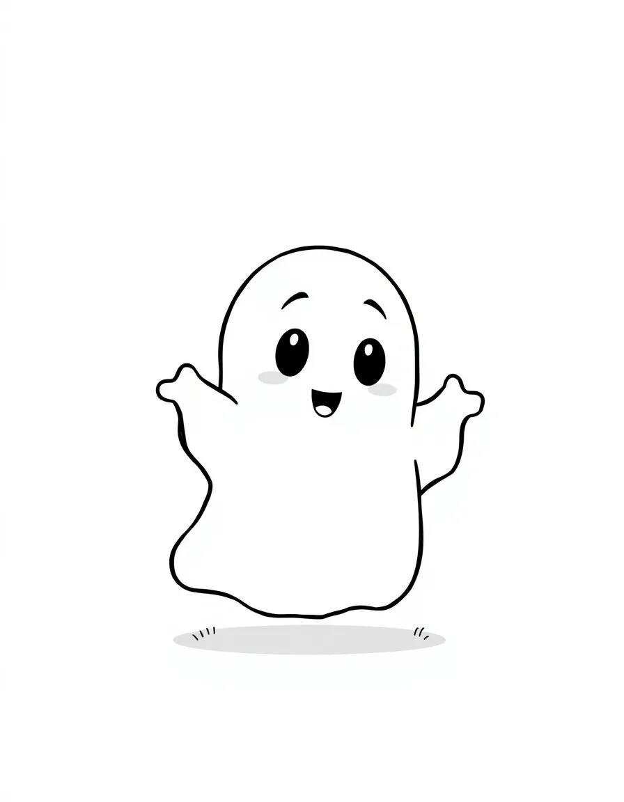 Cute cartoon ghost playing hide-and-seek coloring book page