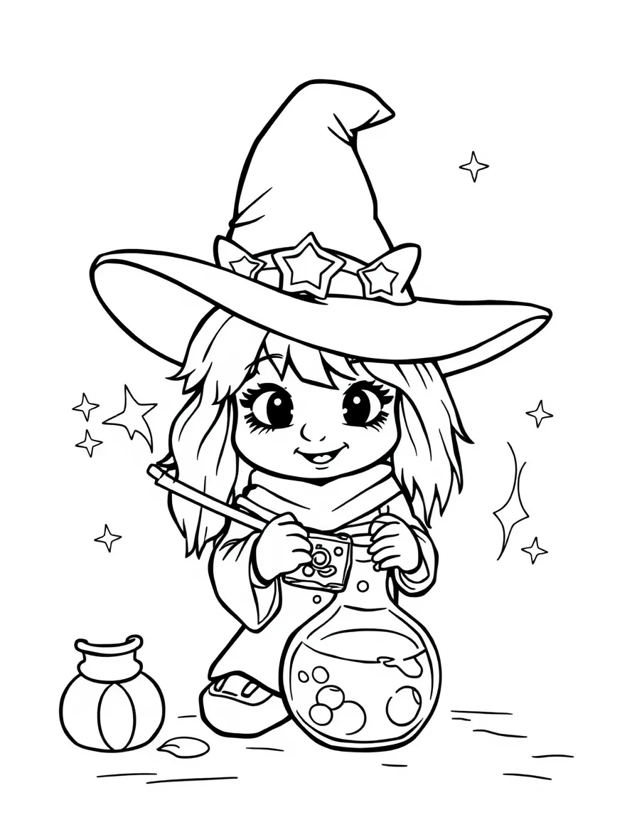 Cute cartoon witch making a potion that sparkles coloring book page