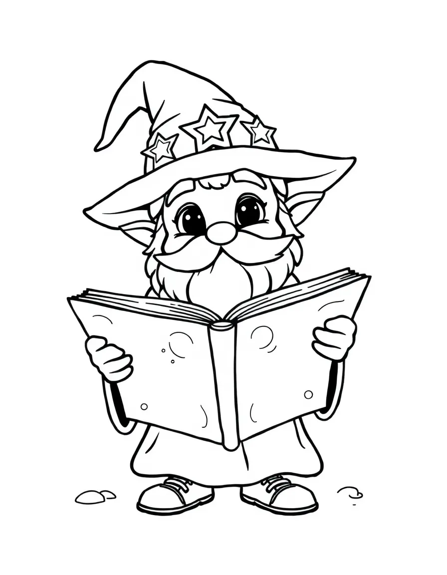 Cute cartoon wizard reading a giant spellbook coloring book page