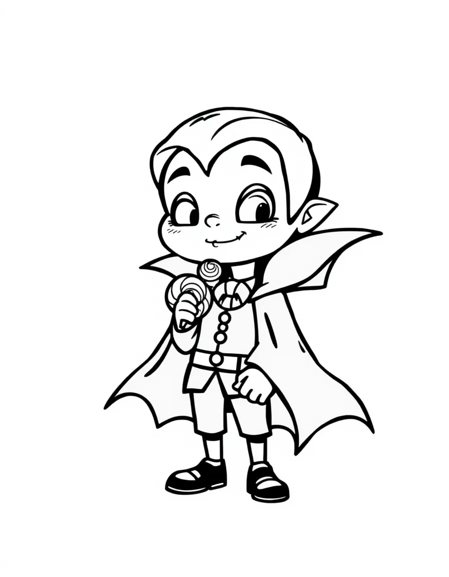Cute cartoon vampire offering a lollipop coloring book page