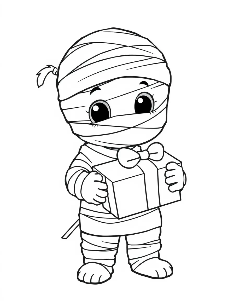 Cute cartoon mummy wrapping a present coloring book page
